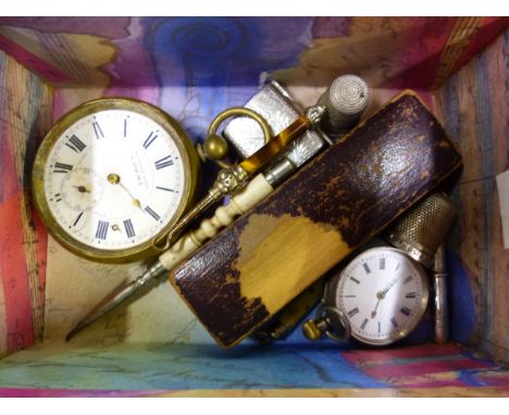 AN ANTIQUE CONTINENTAL SILVER FOB WATCH, AN S.MORDAN &amp; CO IVORY MOUNTED PROPELLING PENCIL,A CRESCENT MOON STICK PIN SET W