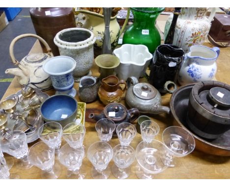 STUDIO WARES, DRINKING GLASS, A WEDGWOOD JUG PRINTED IN BLACK, EPNS EGG CUPS, A COPPER BOWL, CHINOISERIE BLACK LACQUER TABLE 
