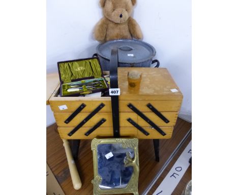A MAUCHLINE WARE PIN CUSHION, A SEWING BOX AND CONTENTS, NOUVEAU STYLE MIRROR ETC. 