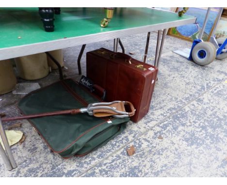 BRIEF CASE, A TRAVEL SUITE CASE, SHOOTING STICK AND A CANTILEVER STANDARD LAMP. 