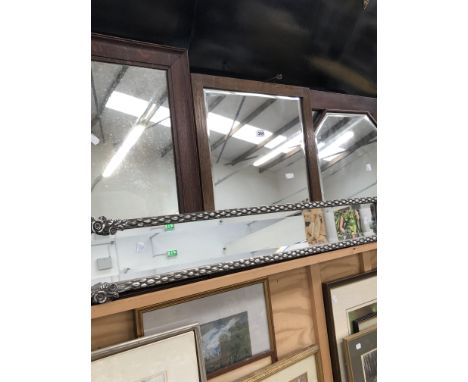 FIVE VINTAGE MIRRORS, SOME WITH BEVELLED PLATES AND A LATER SILVERED FRAME MIRROR, SIZES VARY (6)