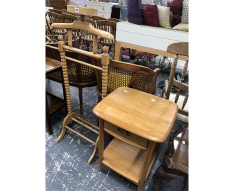 AN ERCOL TABLE WITH SINGLE DRAWER AND A TIER JOINING THE LEGS TOGETHER WITH A PINE CLOTHES STAND