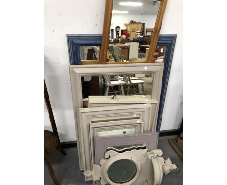 A 19th C. IRON STICK STAND, STICKS AND UMBRELLAS, A COPPER WARMING PAN, MIRRORS AND FRAMES