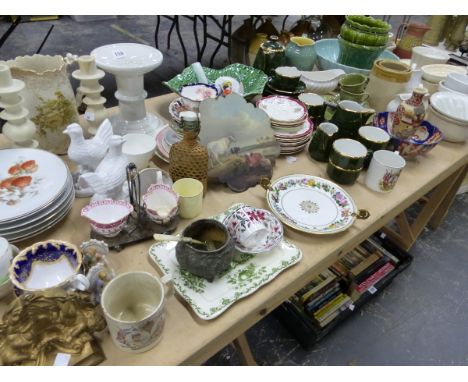 VARIOUS POTTERY JELLY MOULDS, TEA AND COFFEE WARES, AN IMARI BOWL, A PAPIER MACHE PANEL PAINTED WITH COWS, ETC.