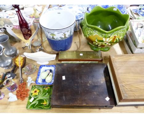 A RUBY GLASS OVERLAY DECANTER, BOXED SHERRY GLASSES, A POTTERY PLANTER, A SLOP PAIL, STEEL CUTLERY, OWL FIGURES, A CORAL NECK