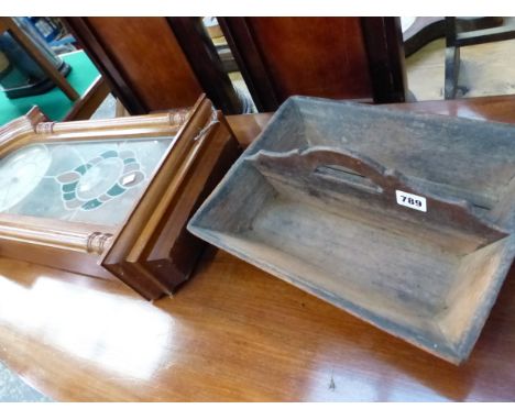 AN ANTIQUE CUTLERY TRAY AND A MODERN WALL CLOCK. 