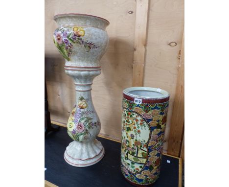 A JARDINIERE ON STAND AND A STICK STAND. 
