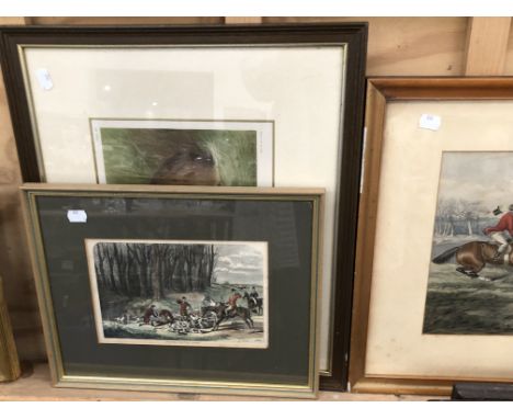 A SET OF FOUR HUNTING PRINTS AND THREE ANTIQUE AND LATER PRINTS. SIZES VARY