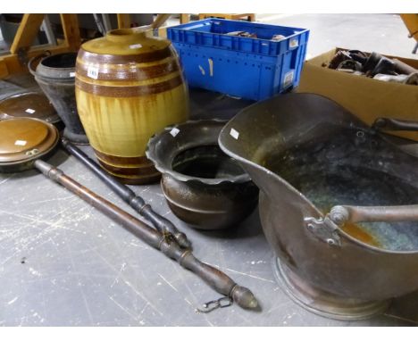 A COPPER COAL SCUTLLE, TWO WARMING PANS, A PLANTER, A COOPERED BUCKET AND A STONE WARE BARREL