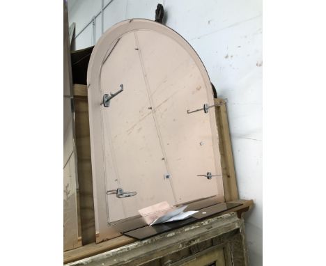 A ETCHED ROSE COLOURED VINTAGE VANITY MIRROR OF SHAPED FORM. 88 x 69cms