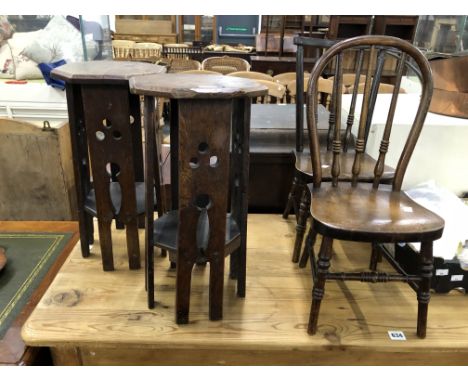 TWO CHILDRENS STICK BACK CHAIRS TOGETHER WITH A PAIR OF ARTS AND CRAFTS OAK OCTAGONAL TOPPED TWO TIER TABLES.   H 49.5cms.