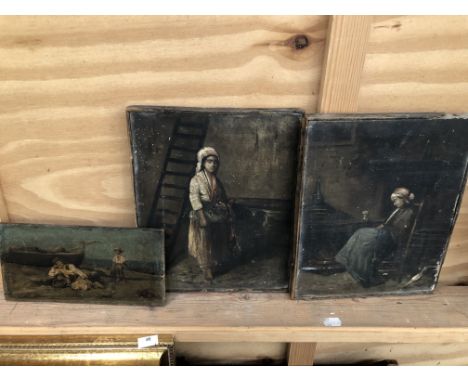 19th. C CONTINENTAL SCHOOL, FISHERMEN AT REST, OIL ON PANEL, UNFRAMED, 12 x 24cms, TOGETHER WITH TWO UNFRAMED INTERIOR SCENES