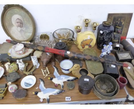 INTERESTING GROUP OF COLLECTABLES INC. ORIENTAL SHOES, 19th C. BOXES, A SIOUX INDIAN BOW, GLASS MORTER, ART NOUVEAU BOX, A BR