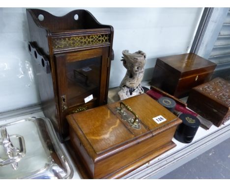 A SMOKERS CABINET, TWO BOXES,A TEA CADDY, LEATHER CASED MEDICINE GLASSES, RAZOR STROP, EPNS VEGETABLE TUREEN, ETC.