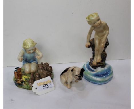 Royal Doulton bulldog, Royal Worcester Water Baby and Worcester figure Woodland Dance 