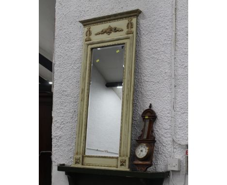 Cream and gilt rectangular overmantle mirror and small oak carved aneroid barometer 