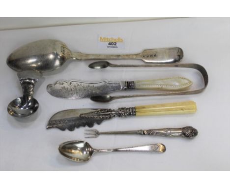 Pair of Georgian silver sugar nips, Victorian Birmingham silver bladed knife and Keswick Staybrite caddy spoon 