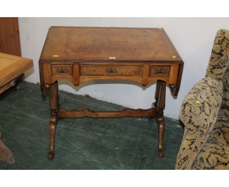 Walnut veneered sofa table with three front drawers, 76 cm tall, 85 cm wide, 60 cm deep