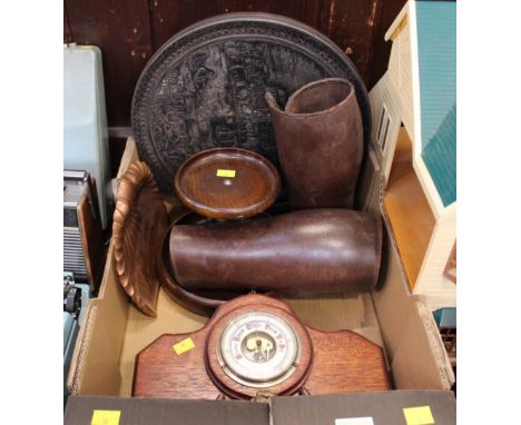 Box of barometer, gaiters, novelty tin, etc