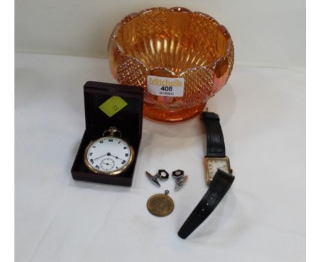 Carnival Glass bowl, gold plated pocket watch and 9 ct gold cased gentleman's wristwatch (1920's/30's)