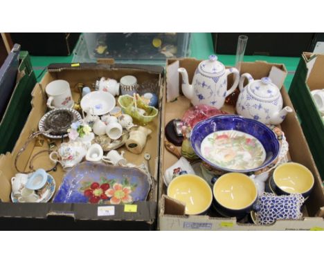 2 boxes of crested china, blue and white teapot and coffee pot, Denby stoneware and animal ornaments 