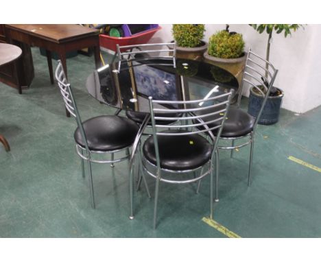 Black glass and chrome circular table with six chairs, table height 75 cm, diameter 90 cm