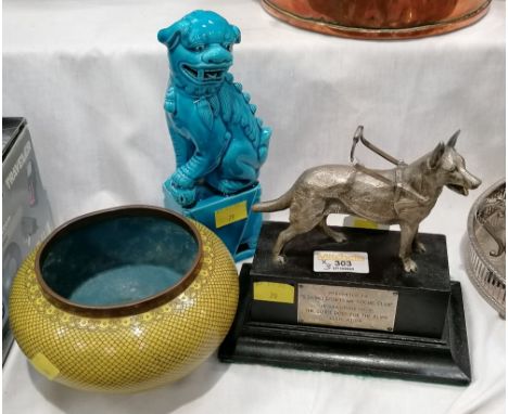 Guide Dogs for The Blind trophy, yellow enamel bowl and blue foo dog