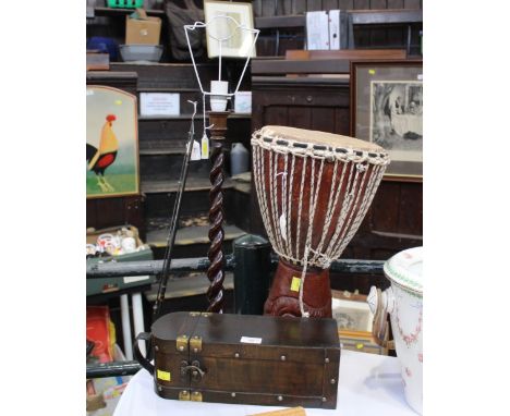 Decorative wooden case, barley twist stem lamp base and bongo drum 
