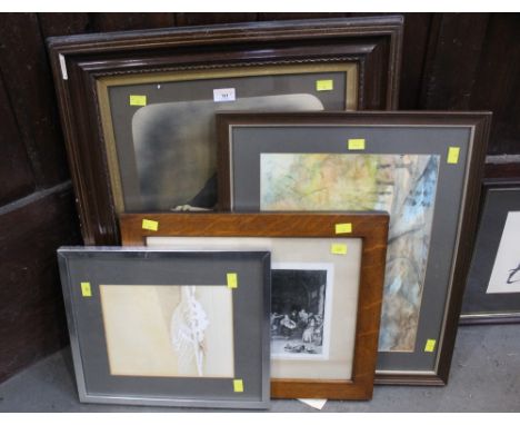 4 framed pictures, photographic print of a lady, 2 smaller watercolours and etching  