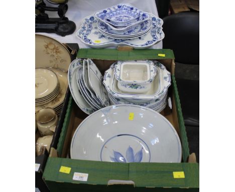 Blue and white dinnerware, plates and ashettes including Burleigh ware, and Healy Pottery of Ireland table centre bowl 