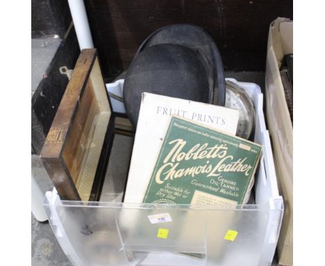 Bowler hat, Waymaster scales and wooden box of photograph albums 