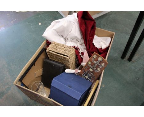 Box of curtains, wicker basket, picture frame and ceramics 