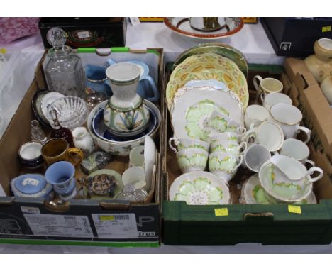 Two boxes of ceramics, Tuscan China floral part tea set, glass decanter, Figgjo Flint teapot and commemorative ware  