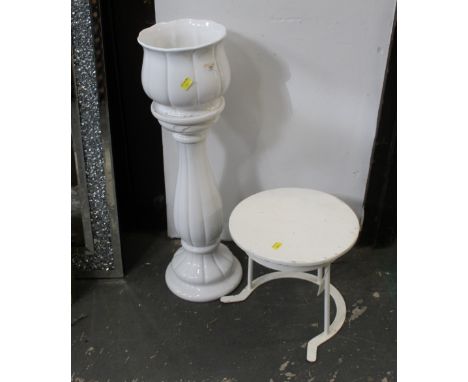 Wood and metal stool and white ceramic planter and stand 