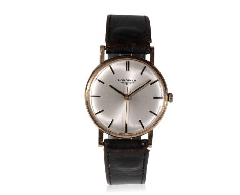 LONGINES GOLD-PLATED GENTLEMAN'S WRISTWATCH with manual wind movement, the silver dial with gold baton numerals and hands, on