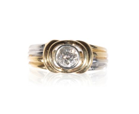 DIAMOND SOLITAIRE RING, the collet-set diamond approx .50ct hallo set in yellow gold, on an 18ct yellow gold shank with white