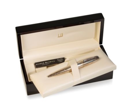 ALFRED DUNHILL: A SILVER "TORPEDO" BALLPOINT PEN, of bullet form with ribbed bands, stamped marks, in original black lacquer 