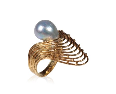 GREY TONE CULTURED PEARL DRESS RING, wave effect setting, on an unmarked yellow metal shank, ring size Q