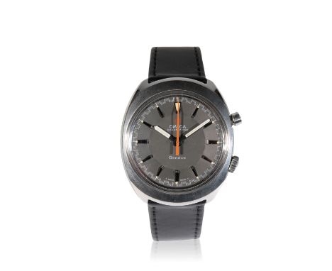 OMEGA CHRONOSTOP GENTLEMAN'S STAINLESS STEEL WRISTWATCH with manual wind movement, the grey dial with silver baton numerals, 