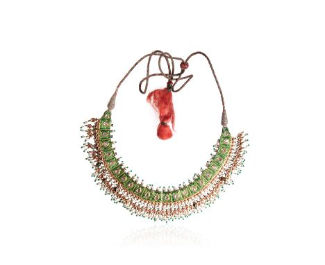 INDIAN ENAMEL NECKLACE SET WITH DIAMONDS, RUBIES, EMERALDS AND SEED PEARLS, the curved centre piece of conjoined plaques set 