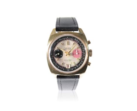 GRUEN PRECISION GOLD-PLATED GENTLEMAN'S CHRONOGRAPH WRISTWATCH with manual wind movement, the silver and black dial with doub