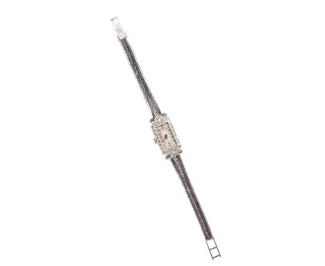 ART DECO DIAMOND 18CT WHITE GOLD LADY'S COCKTAIL BRACELET WATCH with manual wind movement, the silver dial with black Arabic 