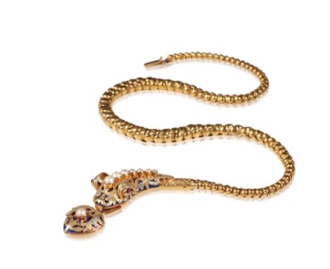 VICTORIAN SERPENT NECKLACE, the head overlaid with unmarked yellow metal (tests as gold), centred with a row of graduated see