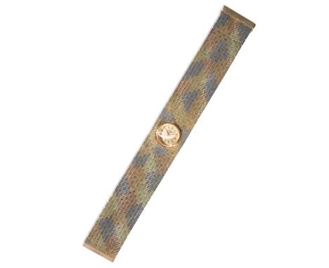 LONGINES 18CT MULTI-COLOURED GOLD LADY'S BRACELET WATCH with manual wind movement, the cream dial with gold baton numerals an