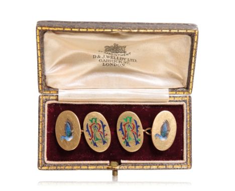 PAIR OF GENTLEMAN'S 18CT GOLD AND ENAMEL CUFFLINK'S, of oval form, decorated with a drake and monogram, chain connection, in 