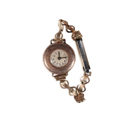ROLEX 9CT GOLD LADY'S BRACELET WATCH with manual wind movement, the white dial with black Arabic numerals and dark blue steel