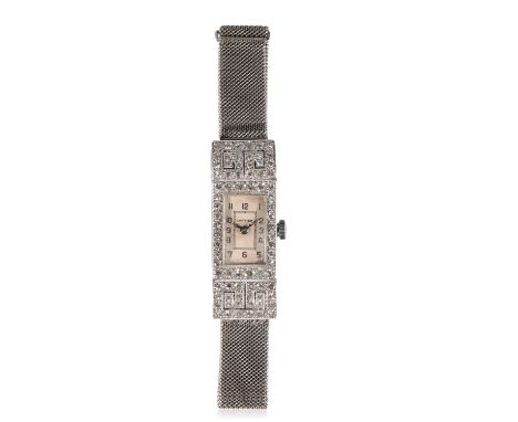 CARTIER ART DECO 18CT WHITE GOLD AND DIAMOND LADY'S COCKTAIL BRACELET WATCH with manual wind movement, the white dial with bl