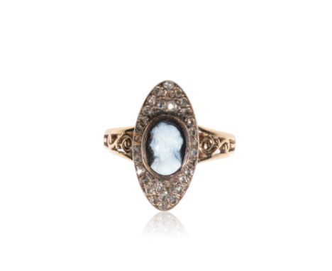 CAMEO AND DIAMOND RING, the cameo surrounded by a boarder of old-cut diamonds, of marquise form, on an unmarked yellow metal 