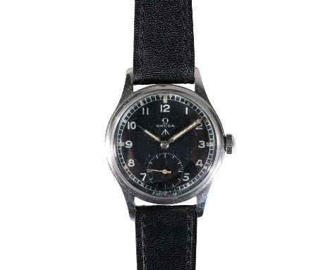 OMEGA MILITARY GENTLEMAN'S STAINLESS STEEL WRISTWATCH with manual wind movement, the black dial with subsidiary seconds dial,