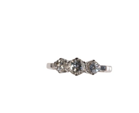 THREE STONE DIAMOND RING, the centre stone approx .33ct, claw-set on an 18ct white gold shank, with openwork shoulders, ring 